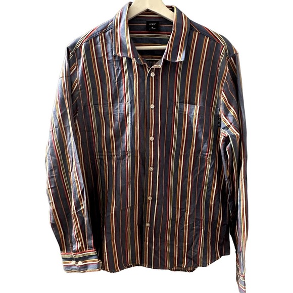 HUF Men's Multicolor Striped Long Sleeve Button-Down Shirt Size Medium - Picture 1 of 8